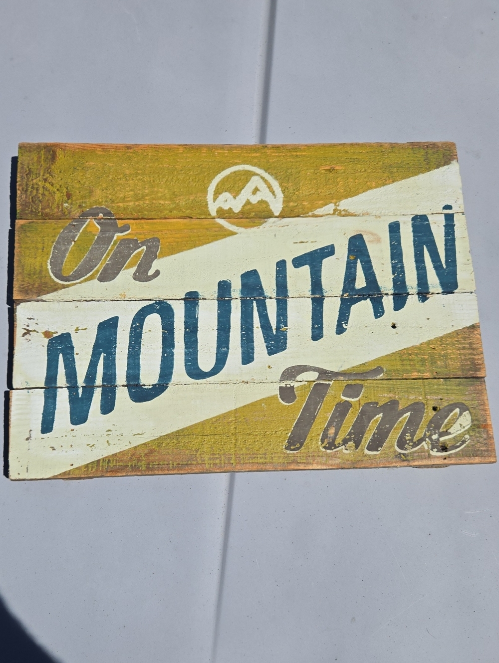 On Mountain Time Rustic Wall Sign - White, Blue, Yellow